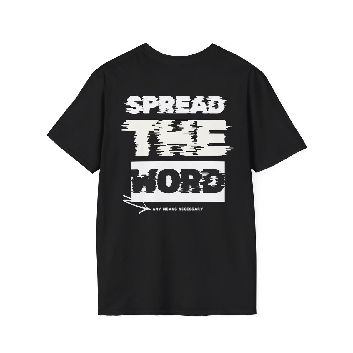 Black T-shirt with large SPREAD THE WORD graphic print