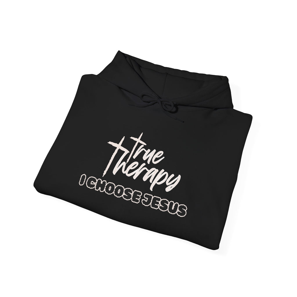 True Therapy hoodie, black with hood, front graphic text print