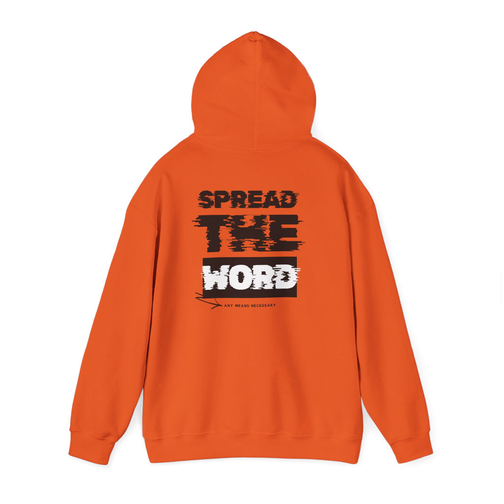 Orange pullover hoodie with hood and large back graphic text print