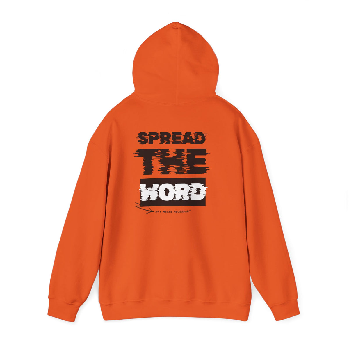 Orange pullover hoodie with hood and large back graphic text print