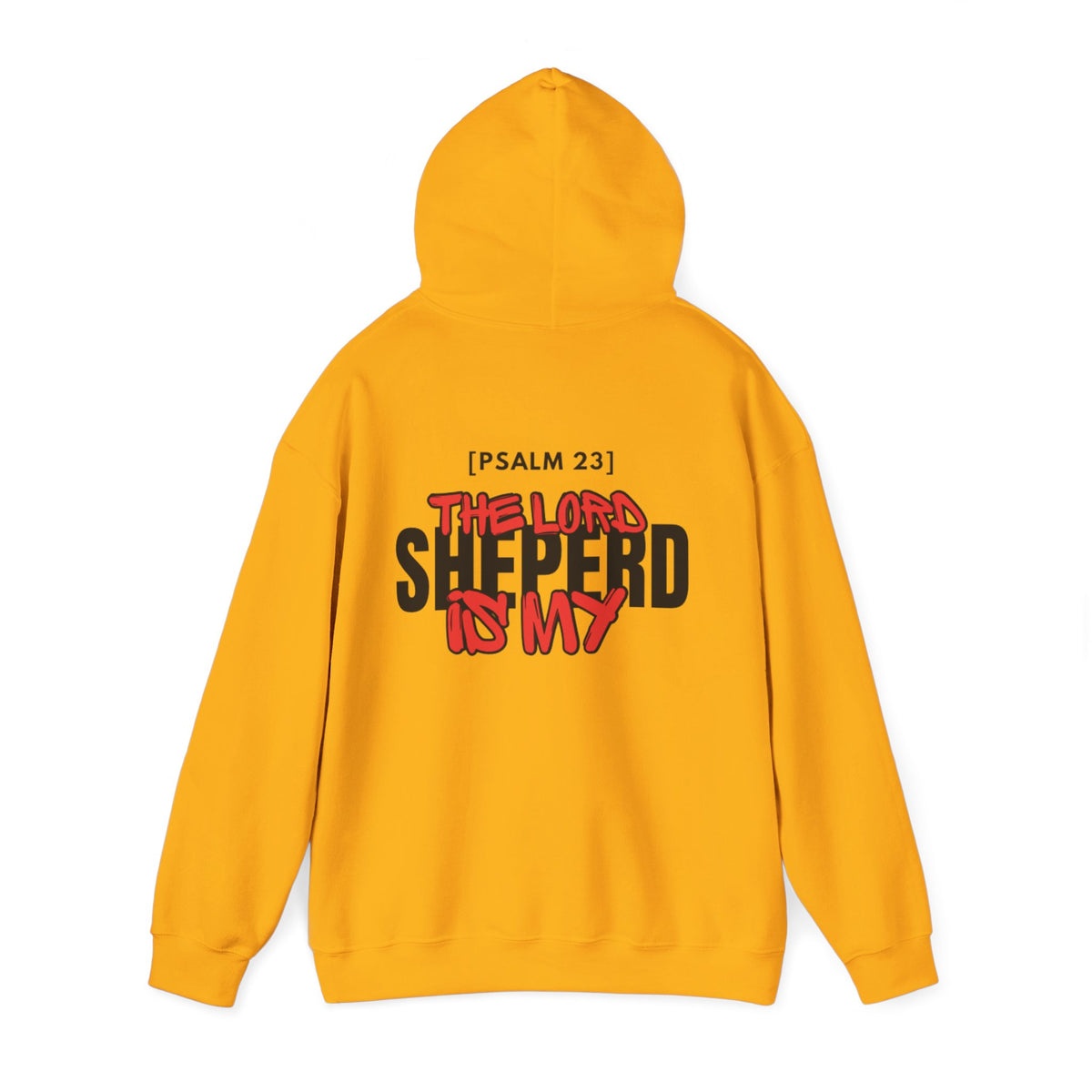 Mustard yellow pullover hoodie with hood, Psalm 23 graphic centered back