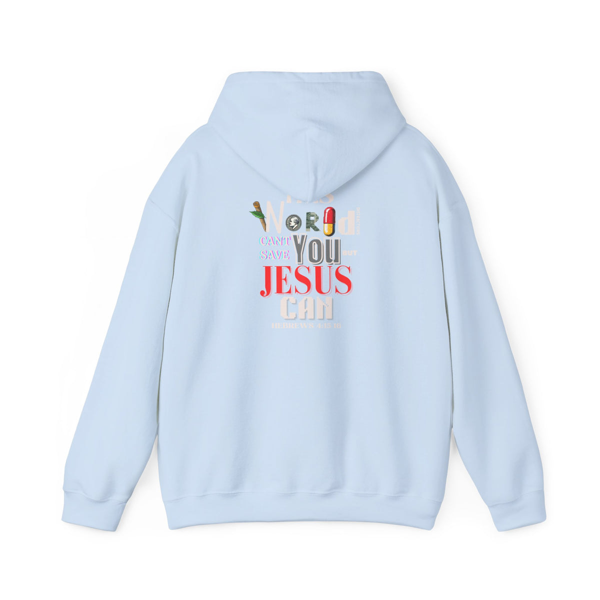 Light blue hoodie with hood and center back print with multicolor lettering