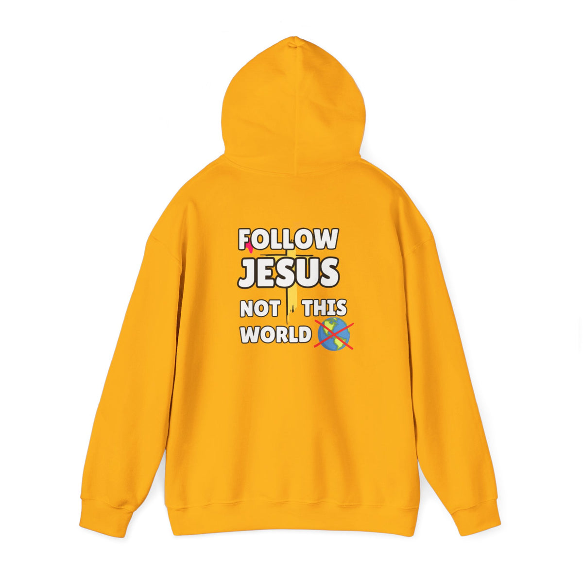 Orange hoodie back view with hood and Follow Jesus Not This World graphic