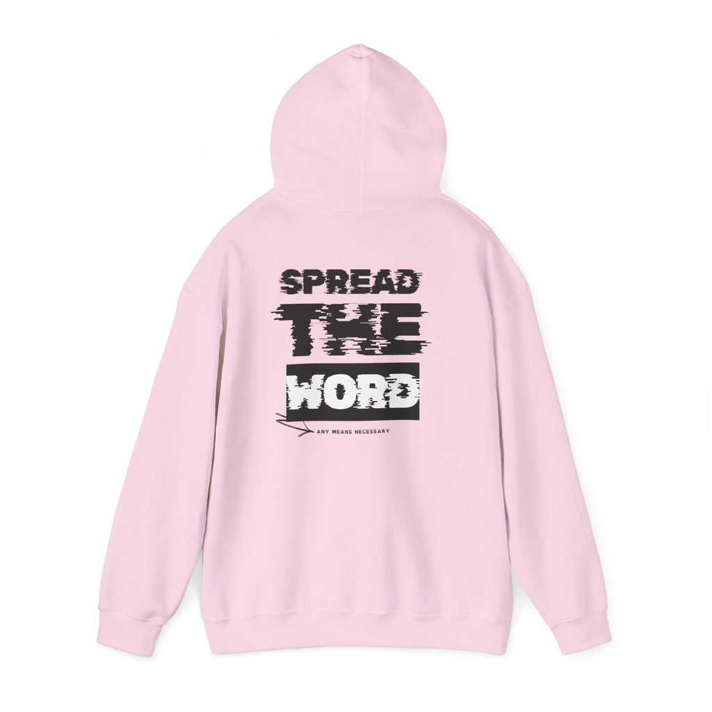 Light pink hoodie with drawstring hood and large back “SPREAD THE WORD” graphic
