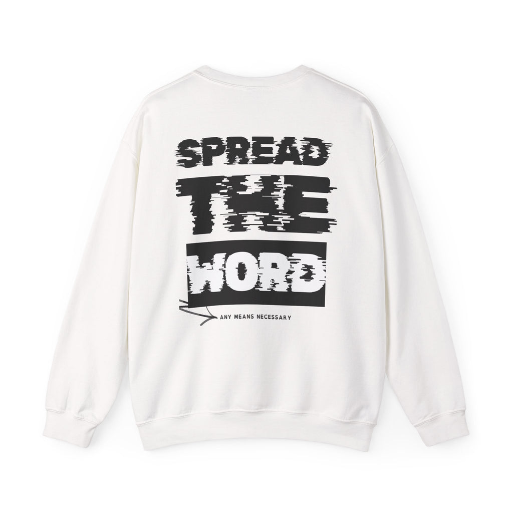 White crewneck sweater back graphic text with long sleeves and ribbed cuffs