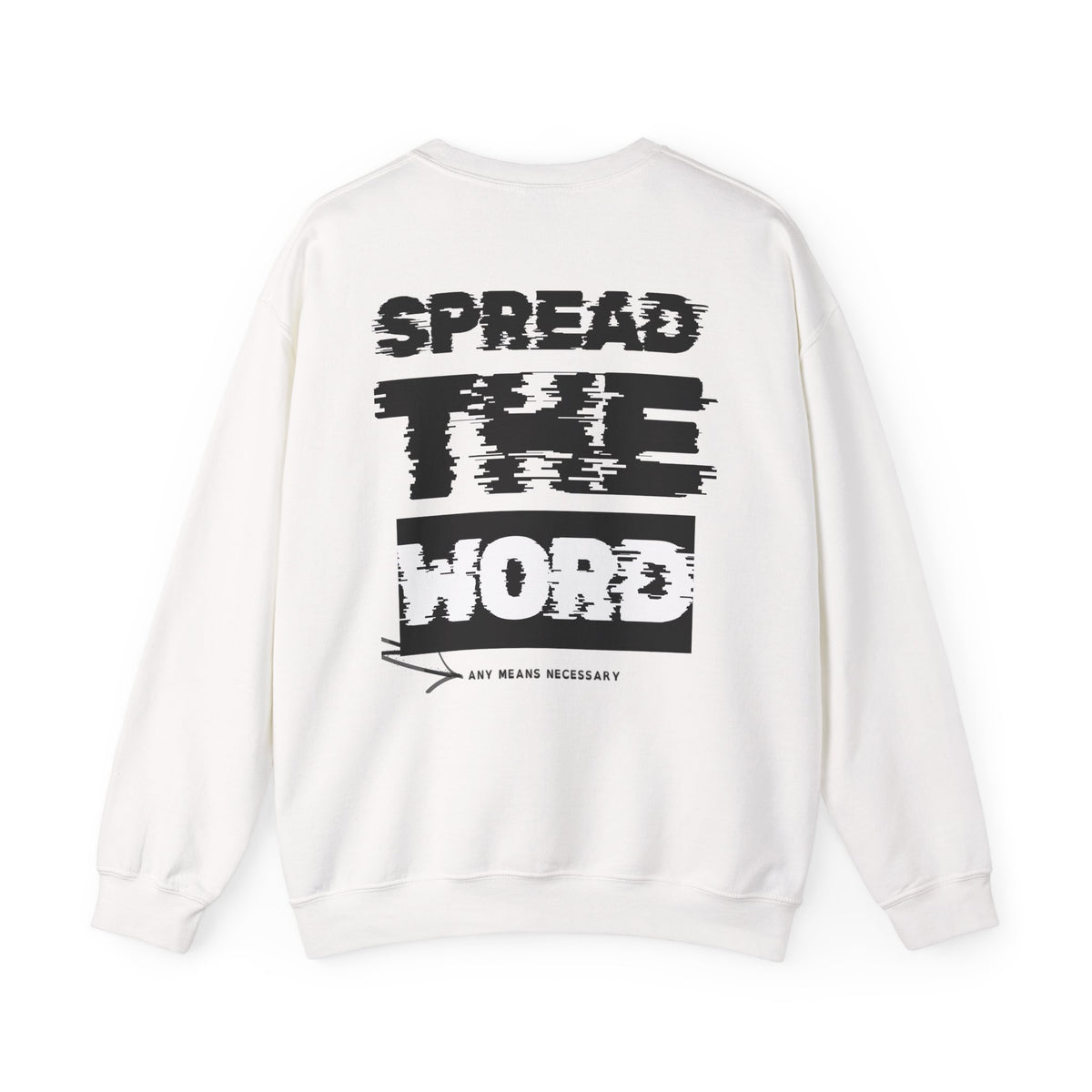 White crewneck sweater back graphic text with long sleeves and ribbed cuffs