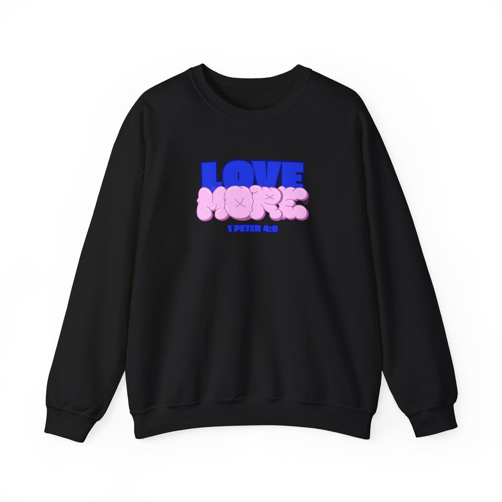 Love More sweater in black, crewneck with blue LOVE graphic and pink plush-style shapes