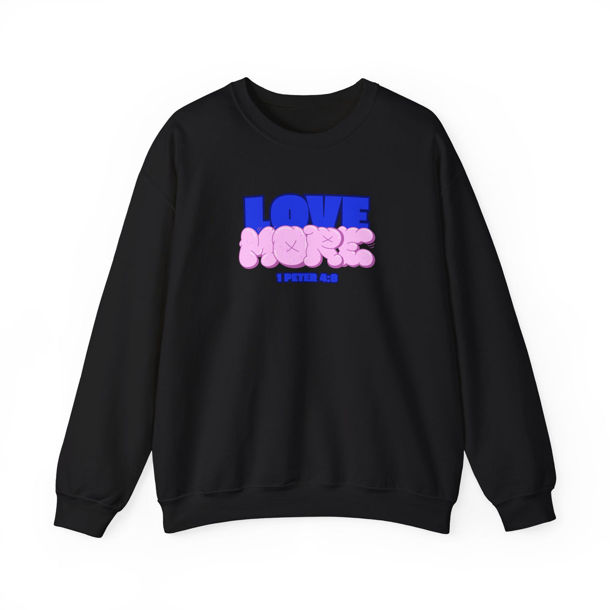 Love More sweater in black, crewneck with blue LOVE graphic and pink plush-style shapes