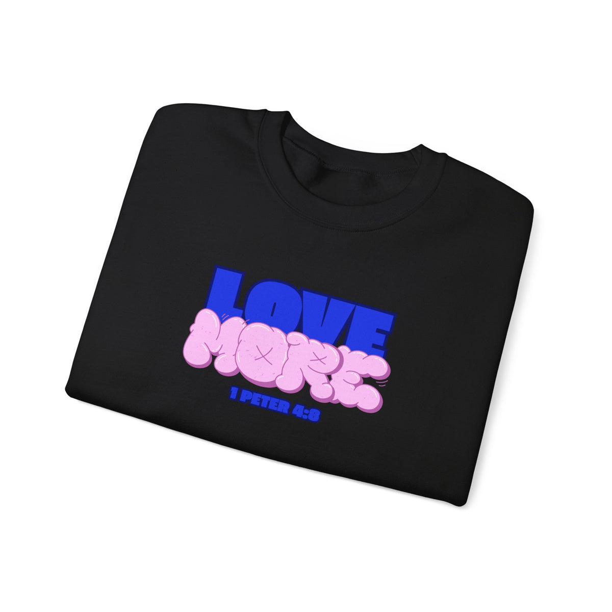 Black crewneck sweater with long sleeves; pink LOVE graphic and small text on front