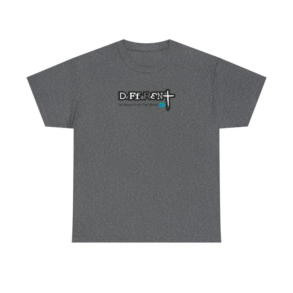 Dark gray crew-neck T-shirt with front logo graphic
