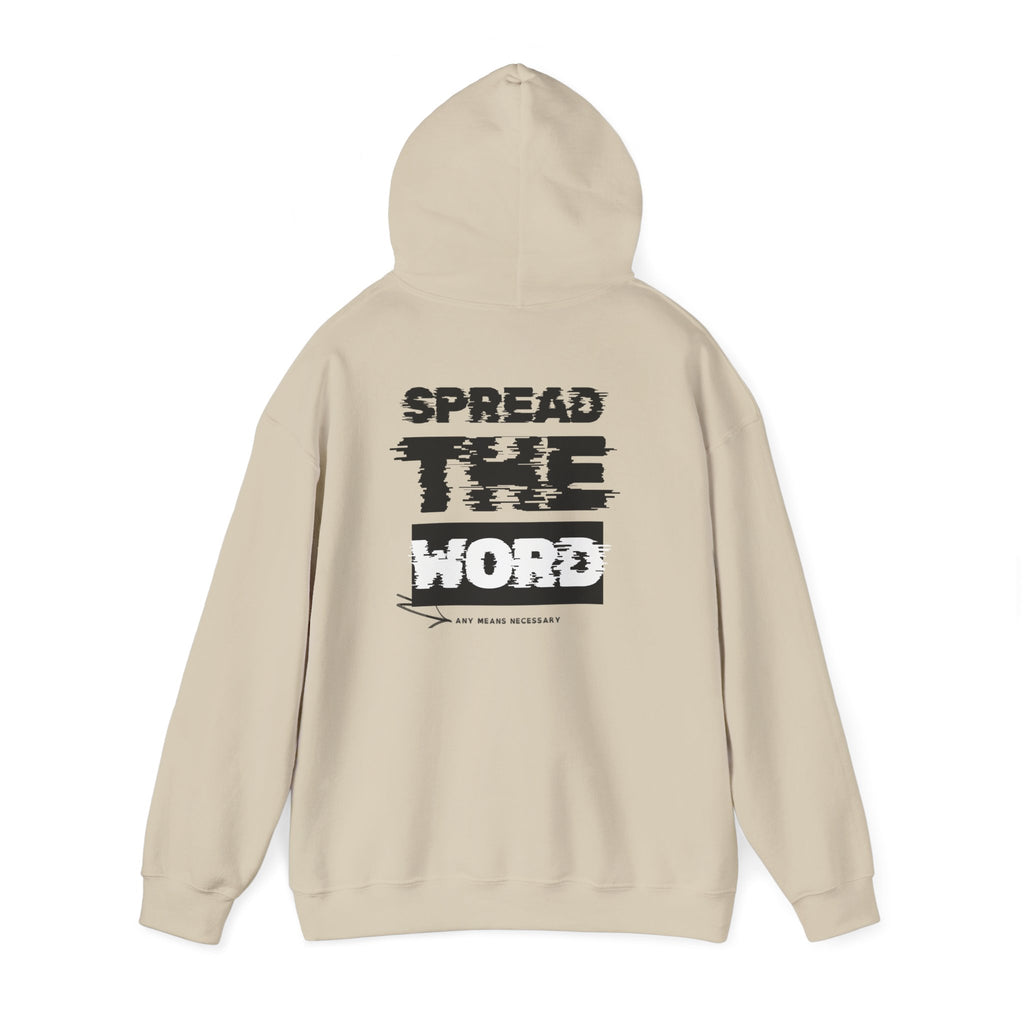 Light cream hoodie with hood and back graphic logo print, full long sleeves.