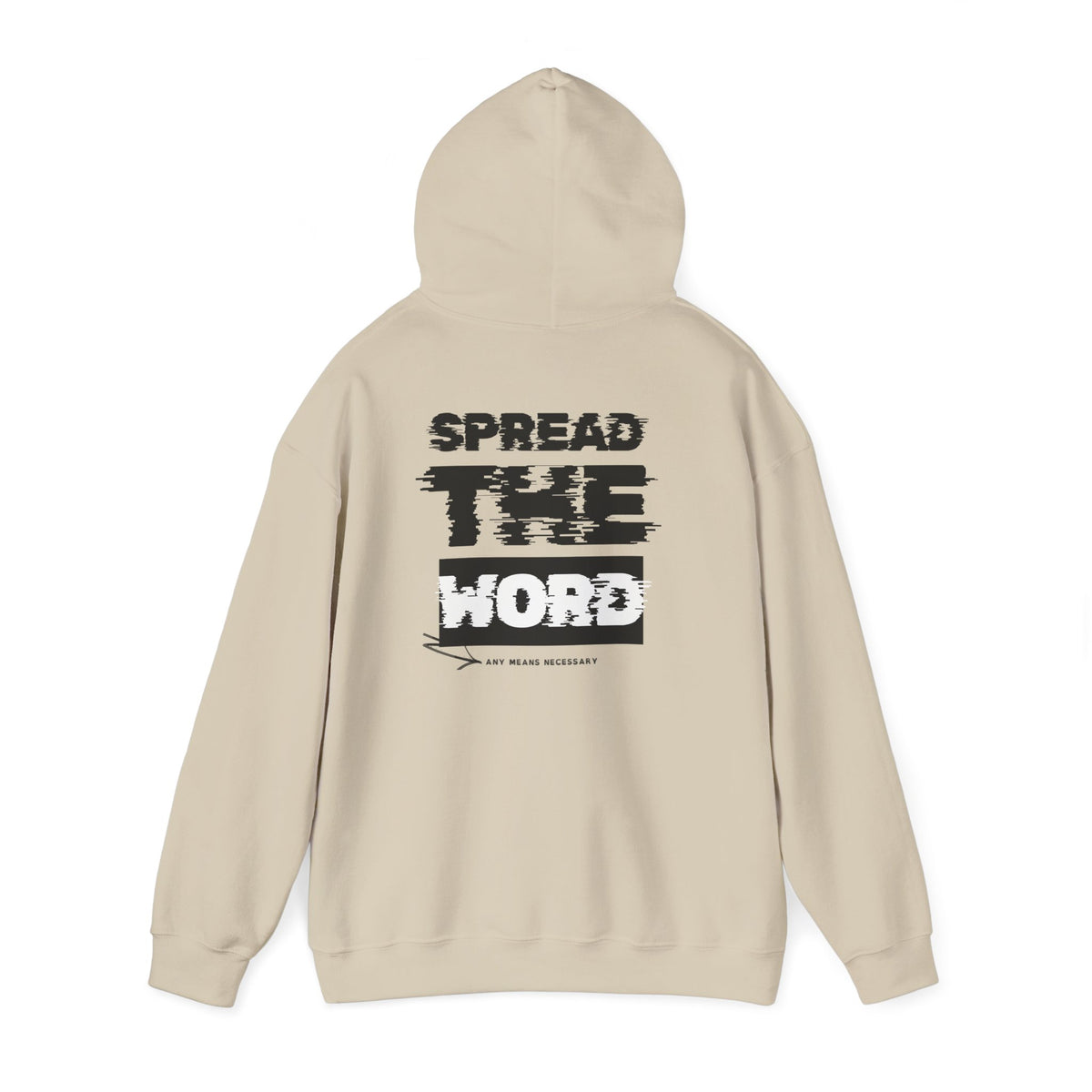 Light cream hoodie with hood and back graphic logo print, full long sleeves.
