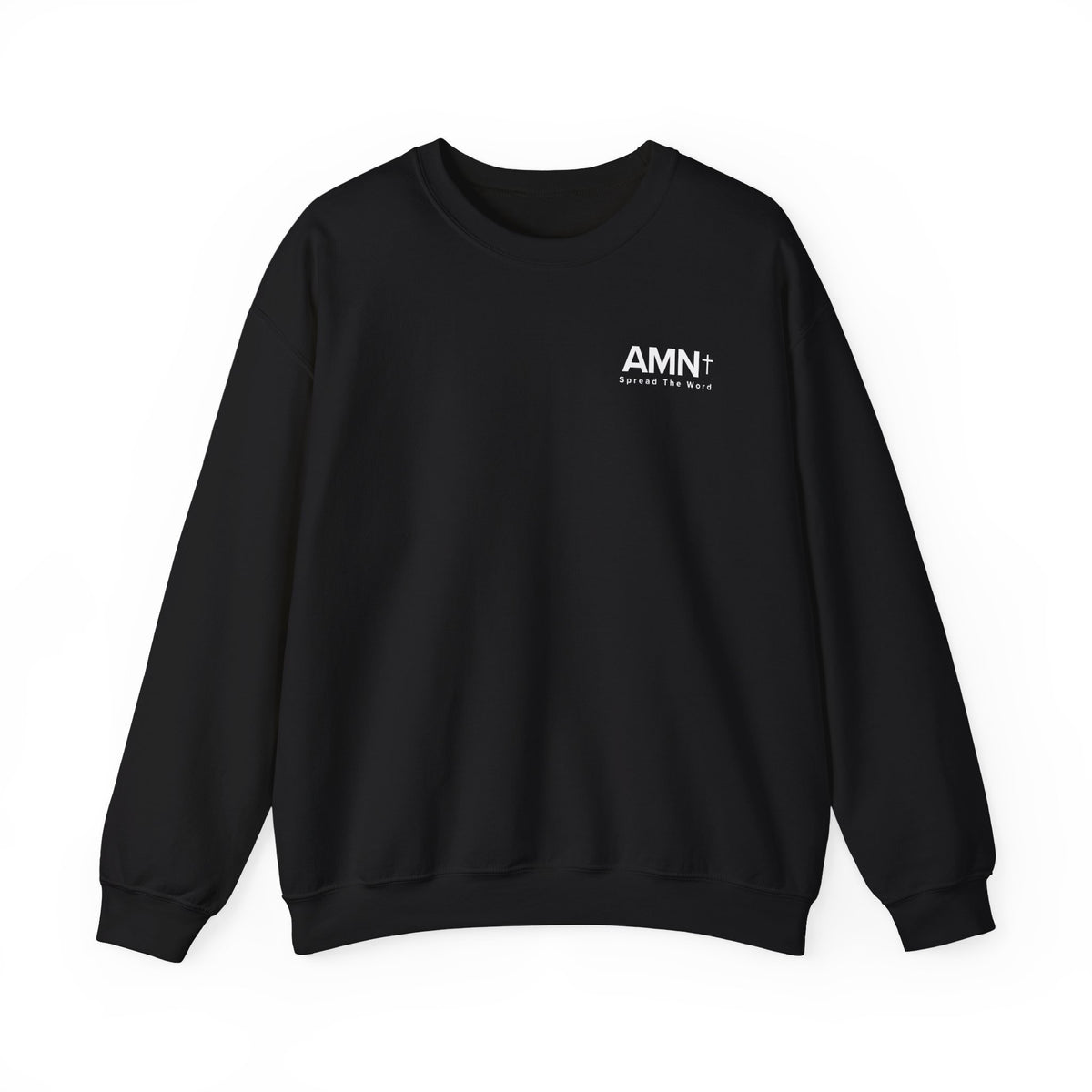 Black crewneck sweater with long sleeves and AMN+ logo on chest