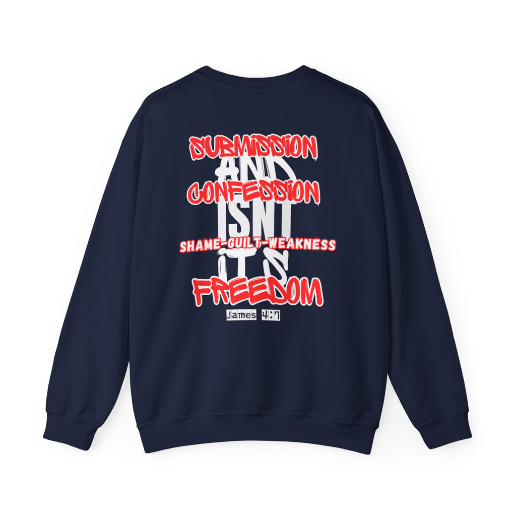 Navy sweater with colorful back graphic and stacked text design
