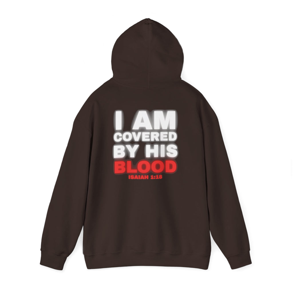 Dark brown hoodie with back print text "I AM COVERED BY HIS BLOOD"