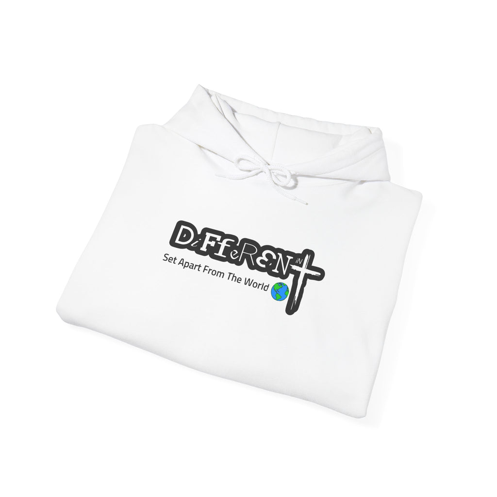 White hoodie with front logo print and drawstring hood detail
