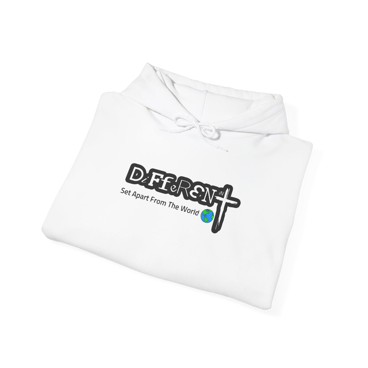 White hoodie with front logo print and drawstring hood detail