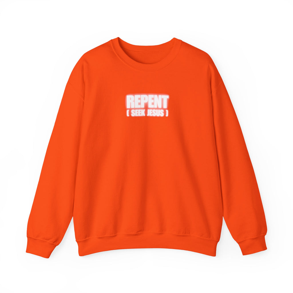 Orange crewneck sweater with front text logo reading “REPENT I SEEK JESUS”