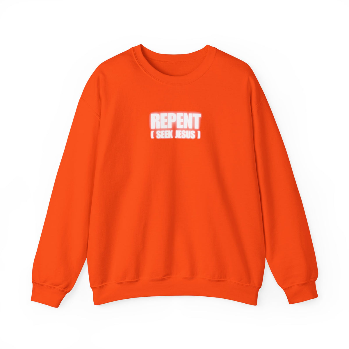 Orange crewneck sweater with front text logo reading “REPENT I SEEK JESUS”