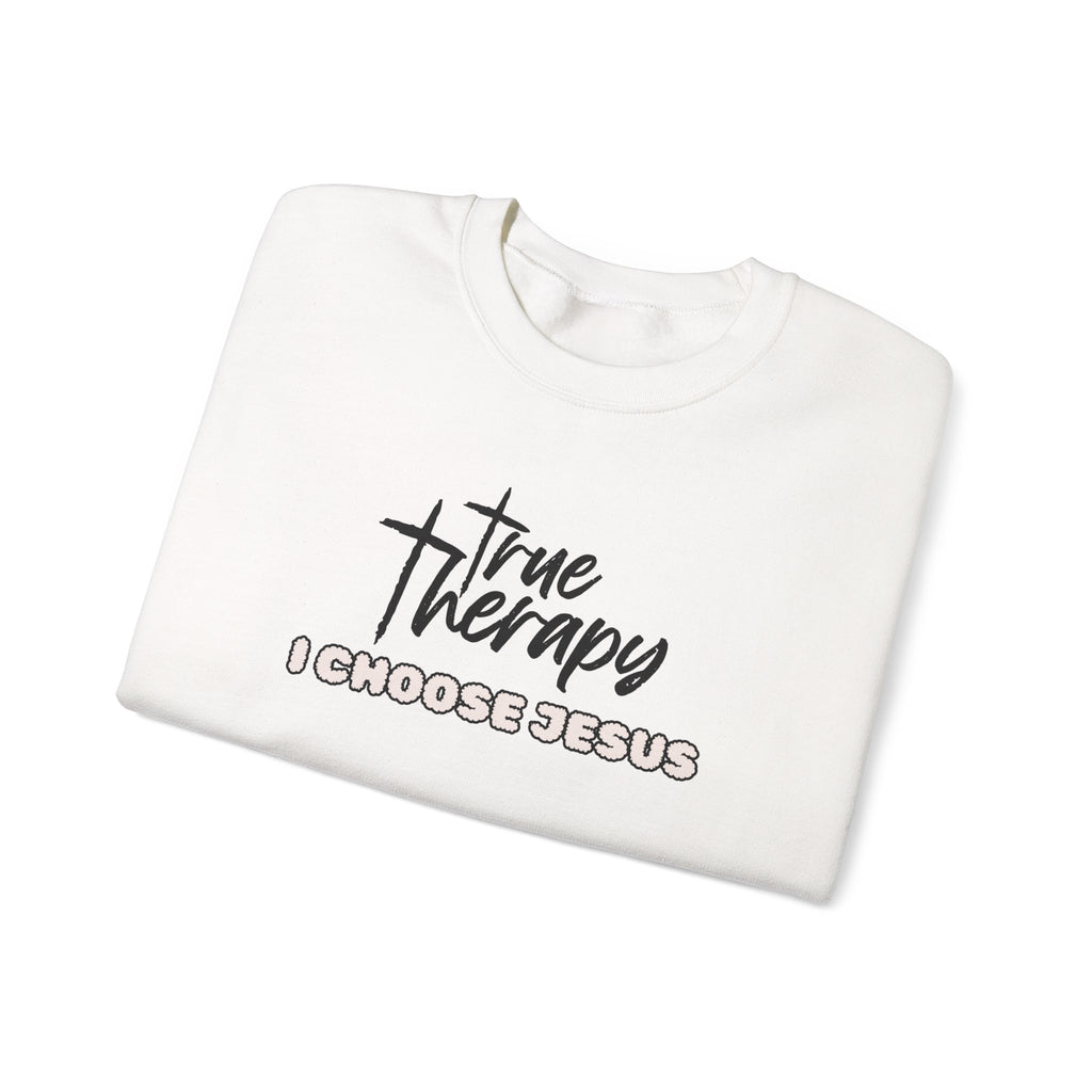 White crewneck sweater with front True Therapy graphic and “I CHOOSE JESUS” text