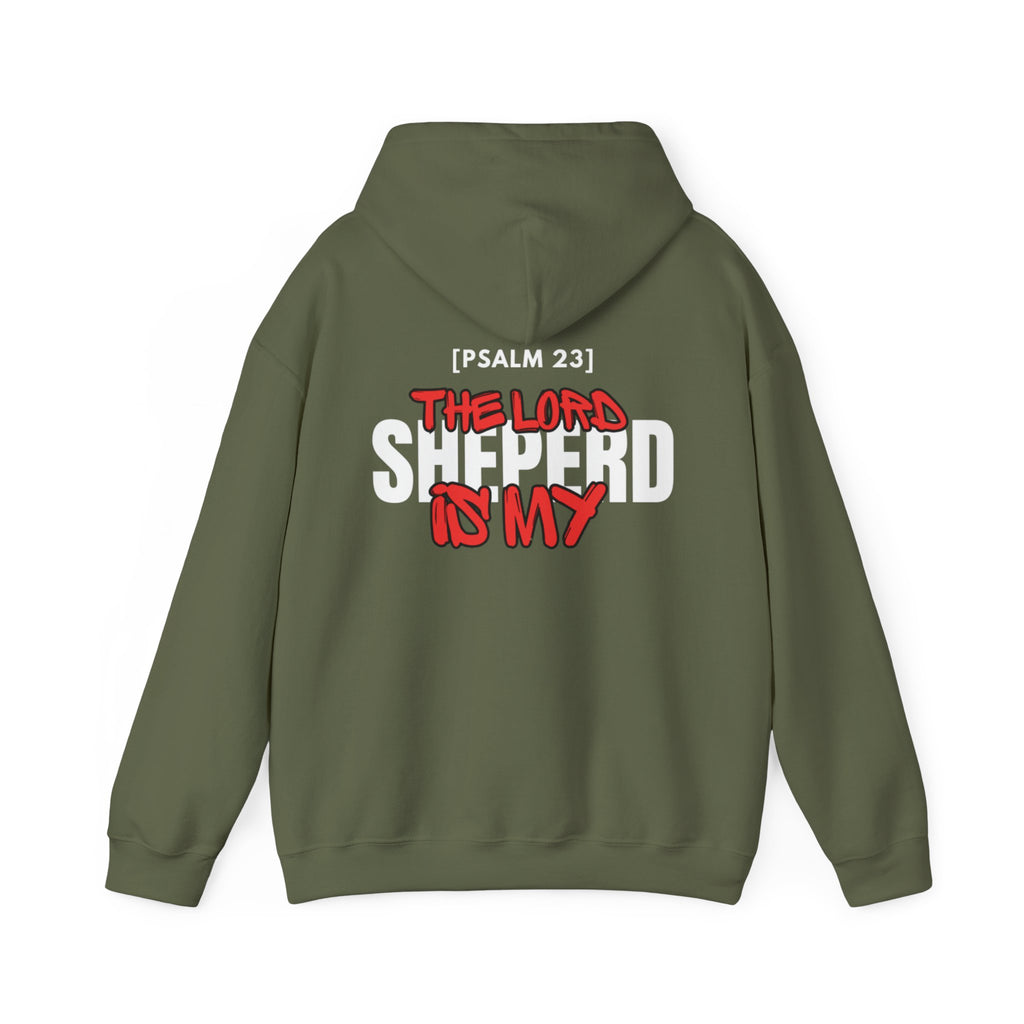 Olive green hoodie with back print: '[PSALM 23] THE LORD SHEPHERD IS MY'