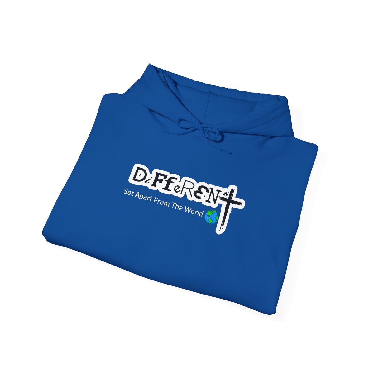 Royal blue hoodie with DeFfeR3Nt front logo and cross graphic