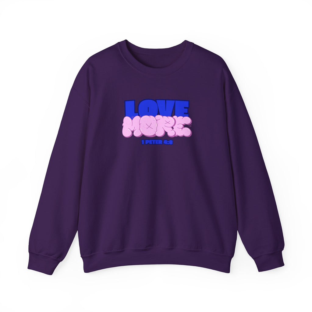Purple crewneck sweater with long sleeves; pink LOVE graphic and text on front