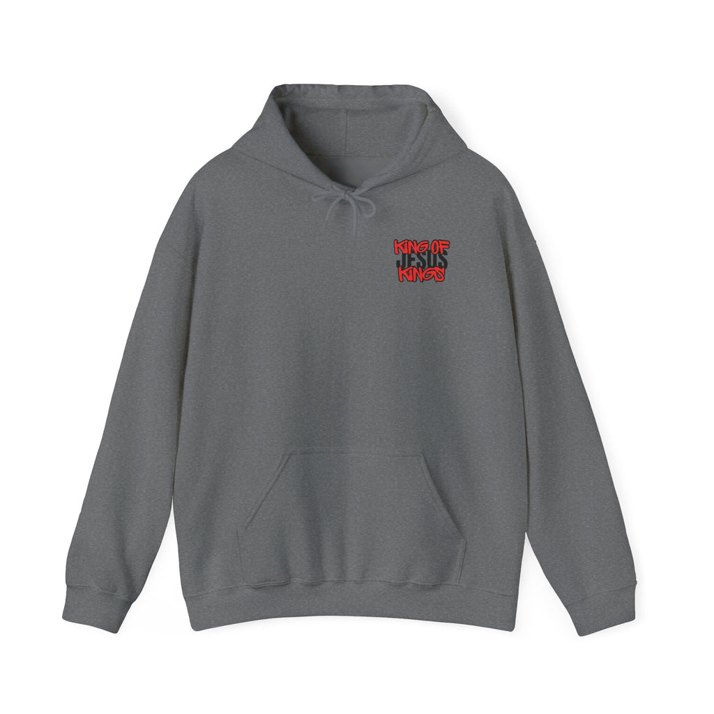 Dark gray hoodie with hood, front kangaroo pocket, and small chest logo
