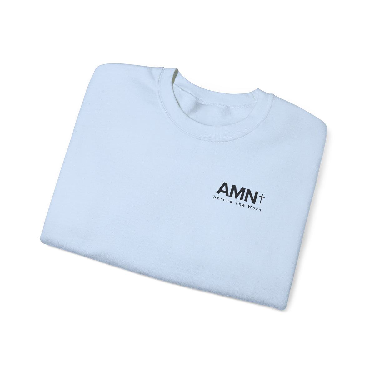 Light blue crewneck sweatshirt with small AMN+ logo on front