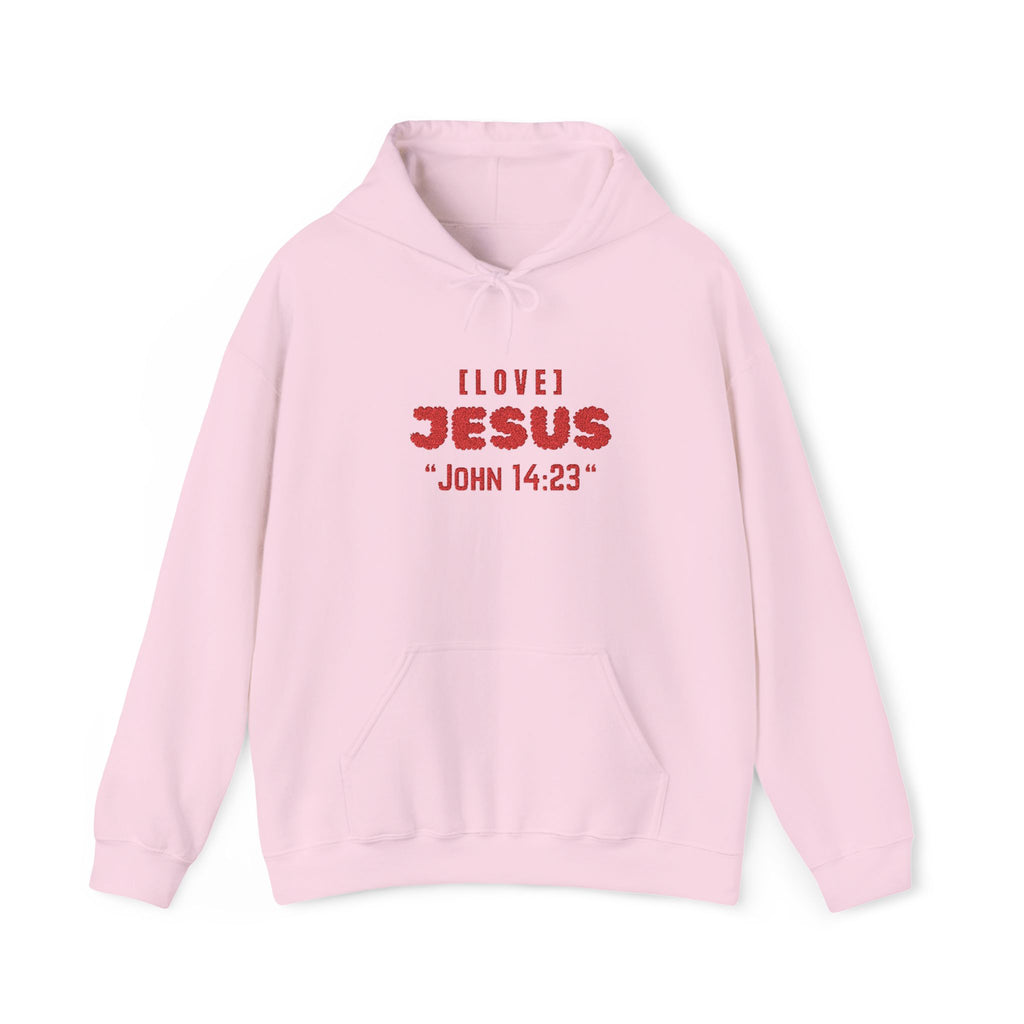 Light pink hoodie with front pocket and red 'LOVE JESUS' text