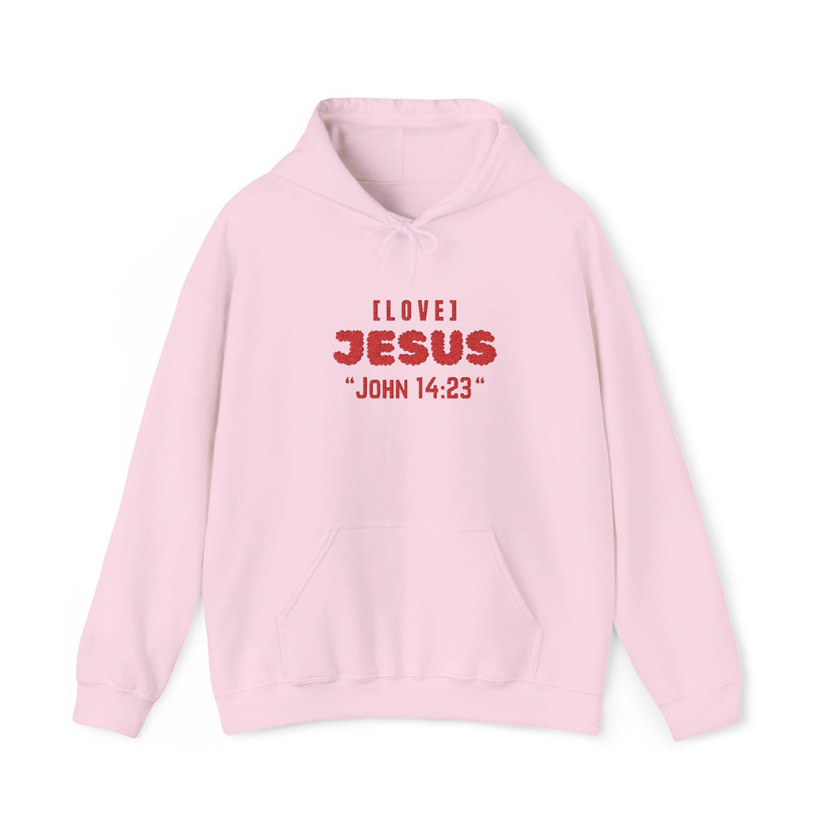 Light pink hoodie with front pocket and red 'LOVE JESUS' text
