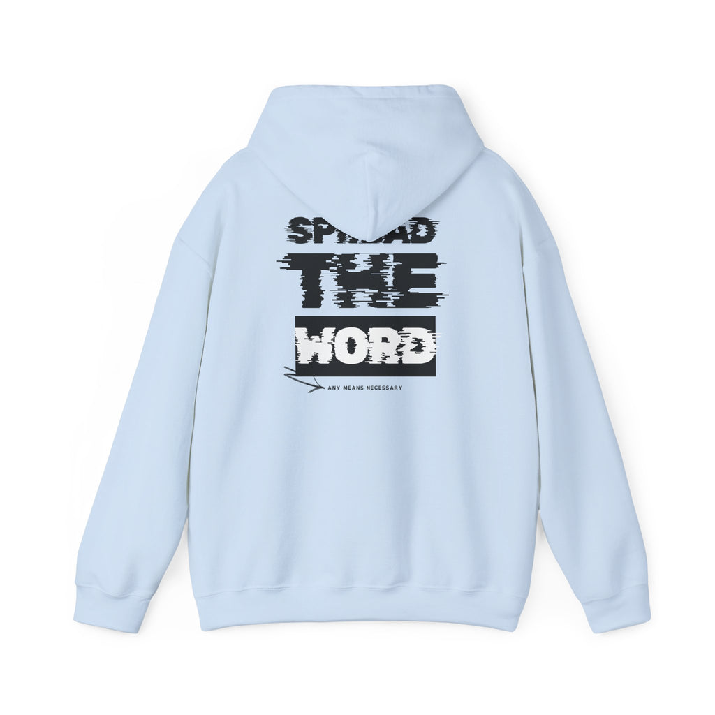 Light blue hoodie with drawstring hood and front graphic print