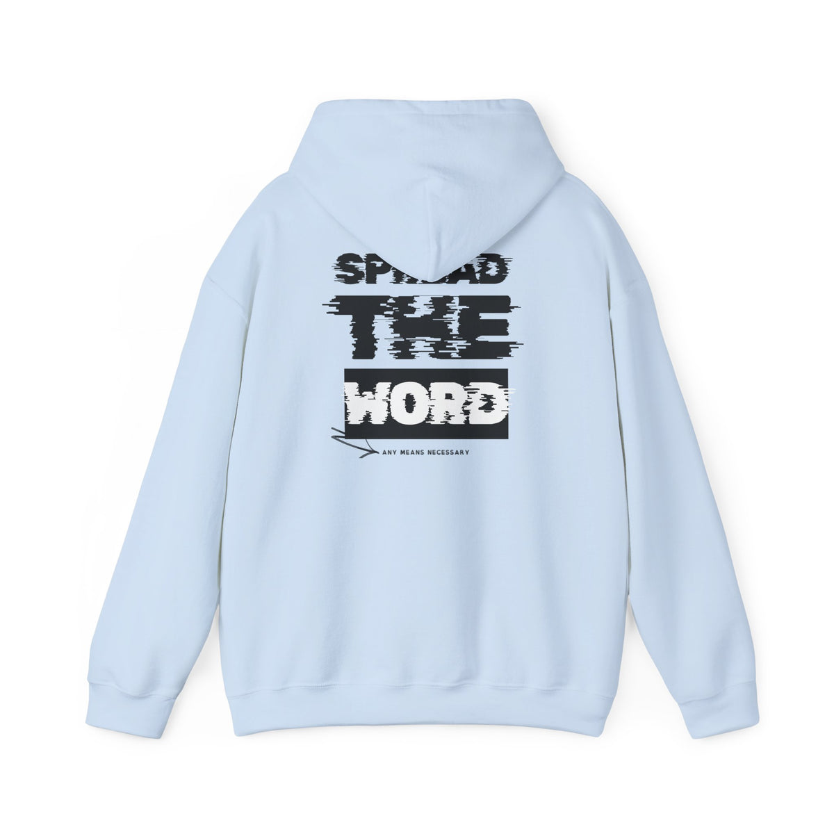 Light blue hoodie with drawstring hood and front graphic print