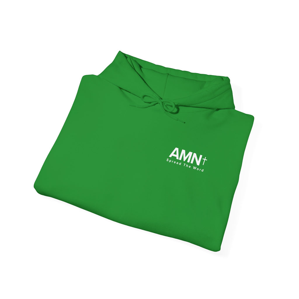 Green hoodie folded, showing drawstring and small chest logo