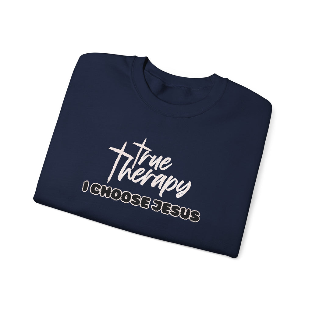 Navy crewneck sweater with white “True Therapy I CHOOSE JESUS” front graphic