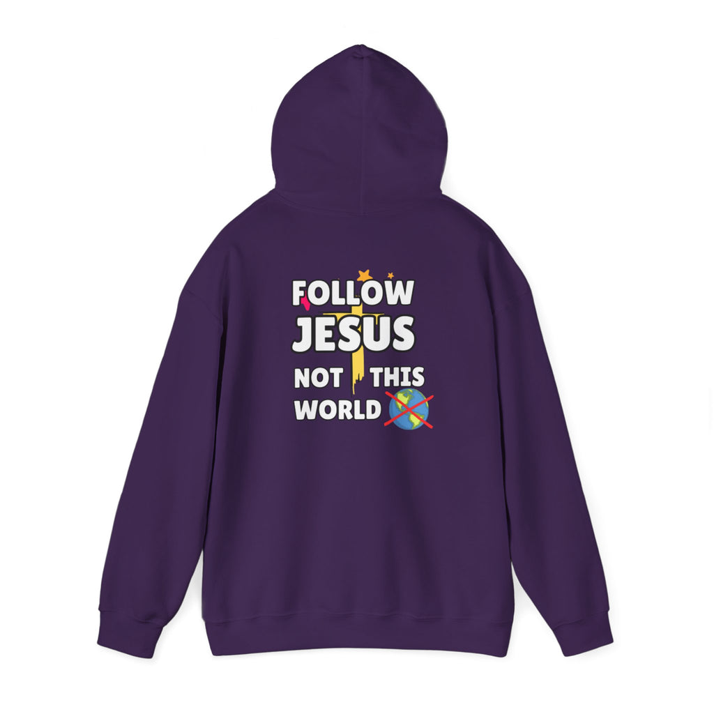 Purple hoodie with drawstring hood and back graphic: “Follow Jesus not this world”