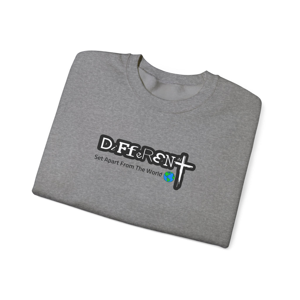 Gray heather crewneck sweater, front DfErEnT cross logo with "Set Apart From The World"