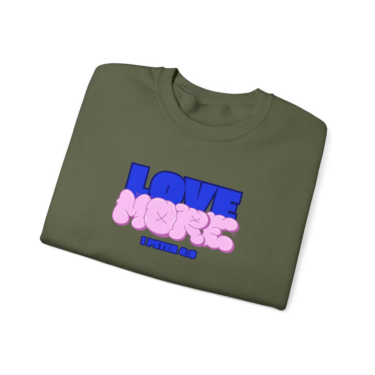 Olive green crewneck sweater with front graphic print