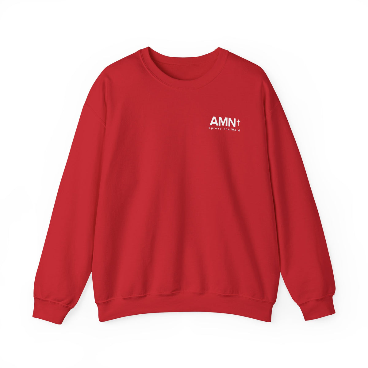Red crewneck sweater with AMN+ logo on the front.