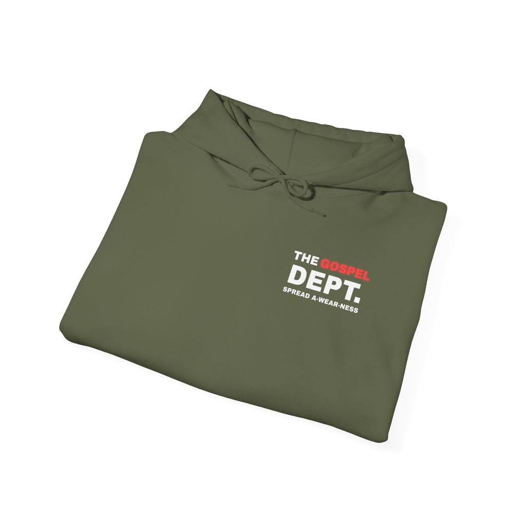 Olive hoodie folded with hood, drawstring, and "THE GOSPEL DEPT" chest logo.