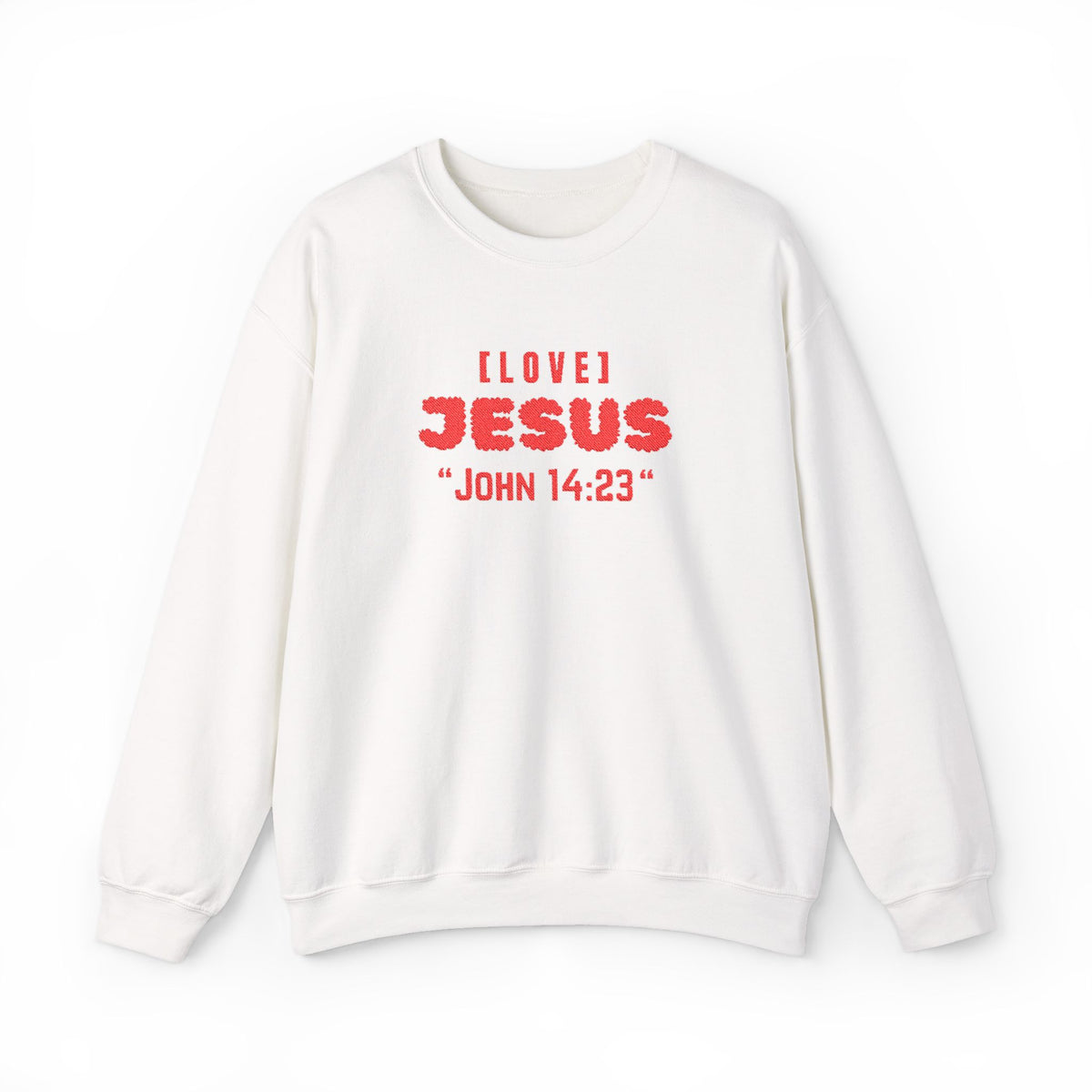 White crewneck sweater with "I LOVE JESUS" "JOHN 14:23" front print