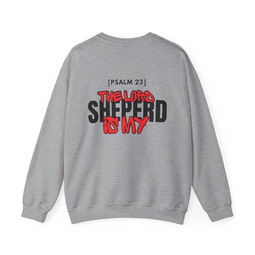 Sport grey crewneck sweater with Psalm 23 text and red/black front graphic