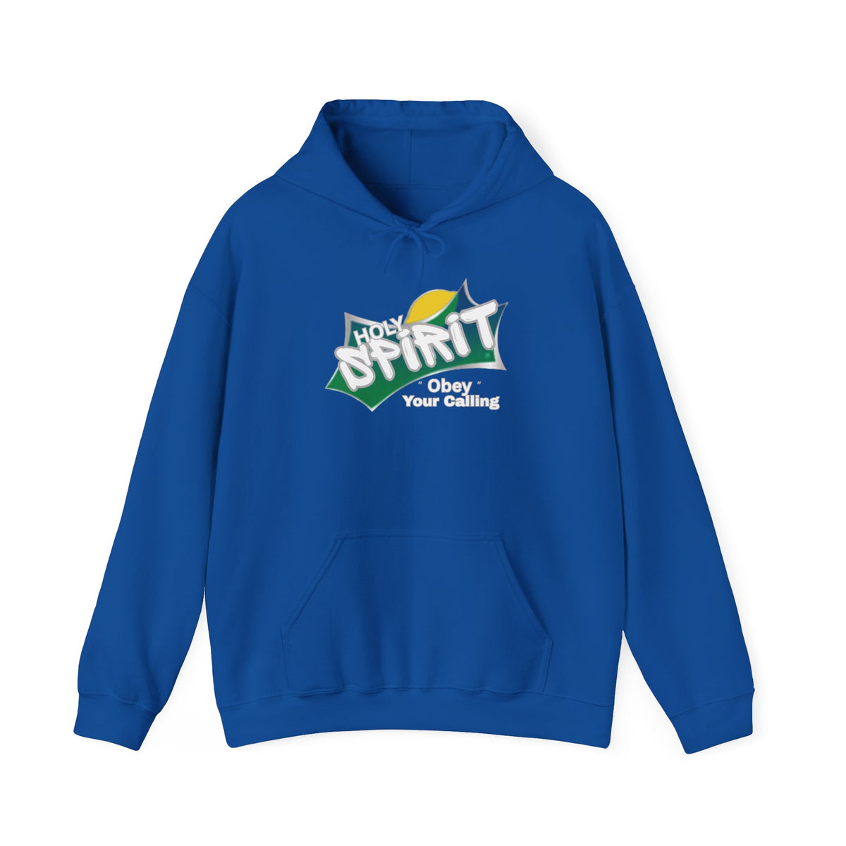 Royal blue pullover hoodie with front pouch pocket, drawstring hood, and Spirit logo graphic