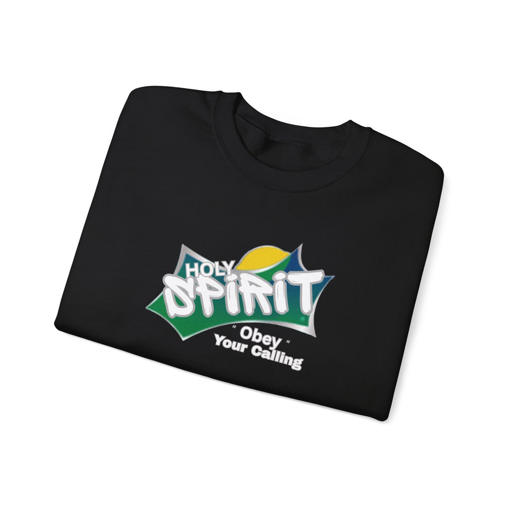 Black long-sleeve crew sweatshirt with multicolor “Holy Spirit” logo