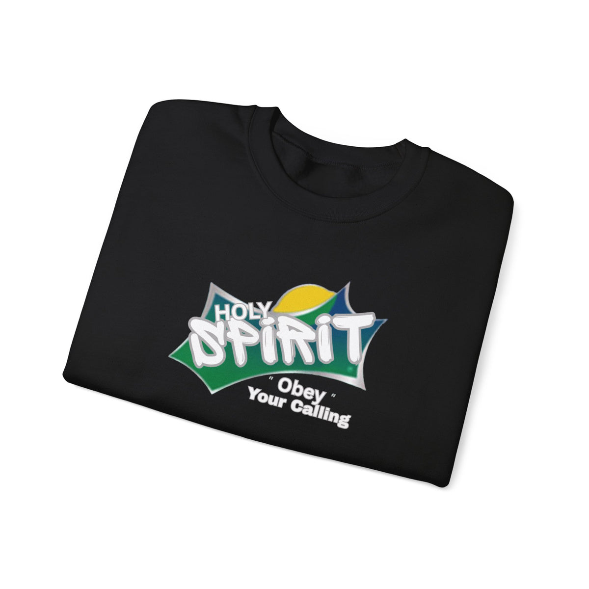 Black long-sleeve crew sweatshirt with multicolor “Holy Spirit” logo