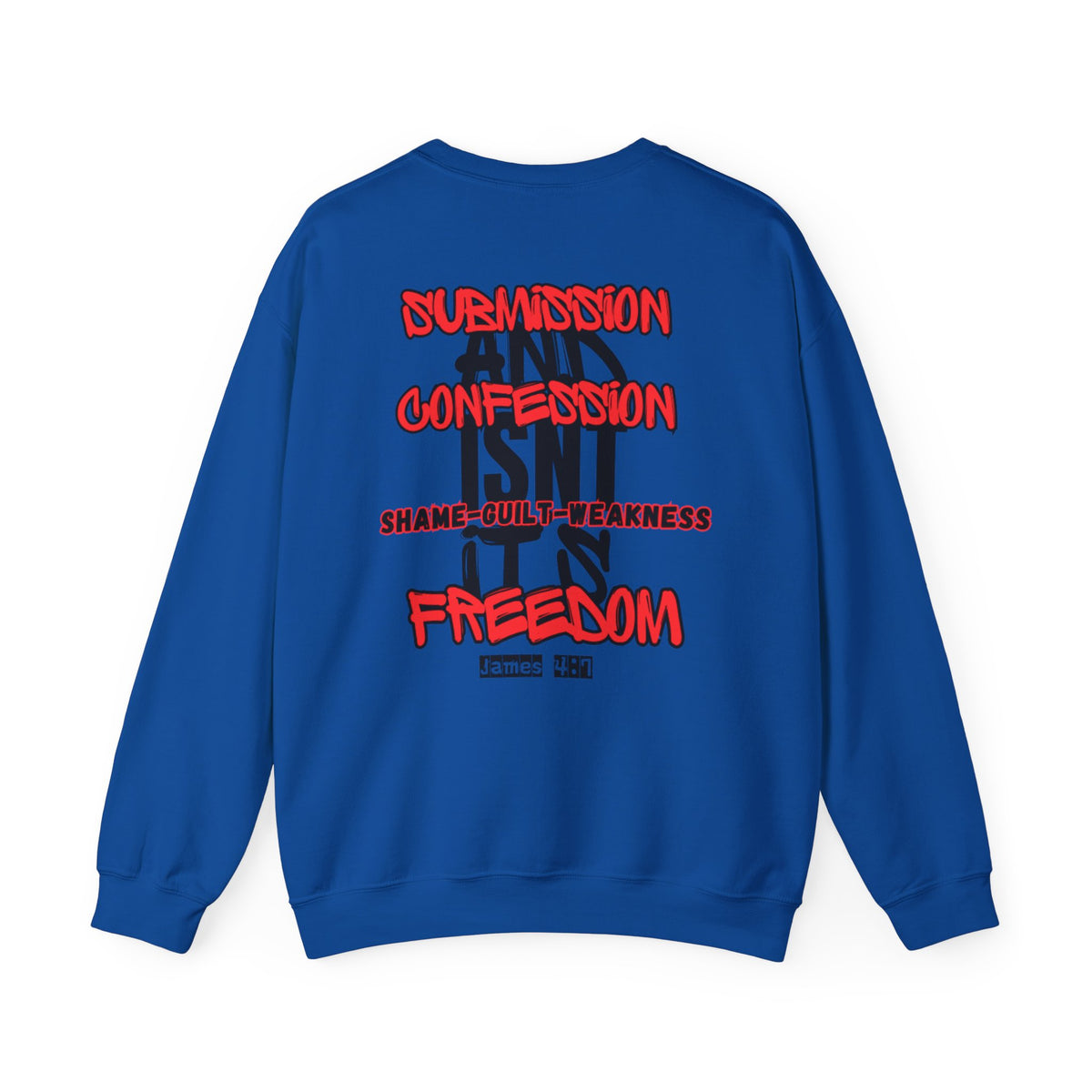 Royal blue sweater with colorful back graphic and stacked text design