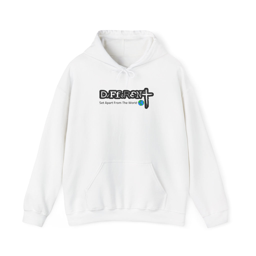 White hoodie with drawstring hood and chest “DiFfeR3Nt” logo print