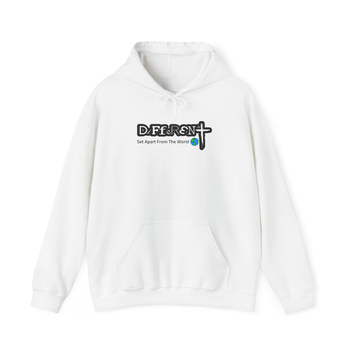 White hoodie with drawstring hood and chest “DiFfeR3Nt” logo print