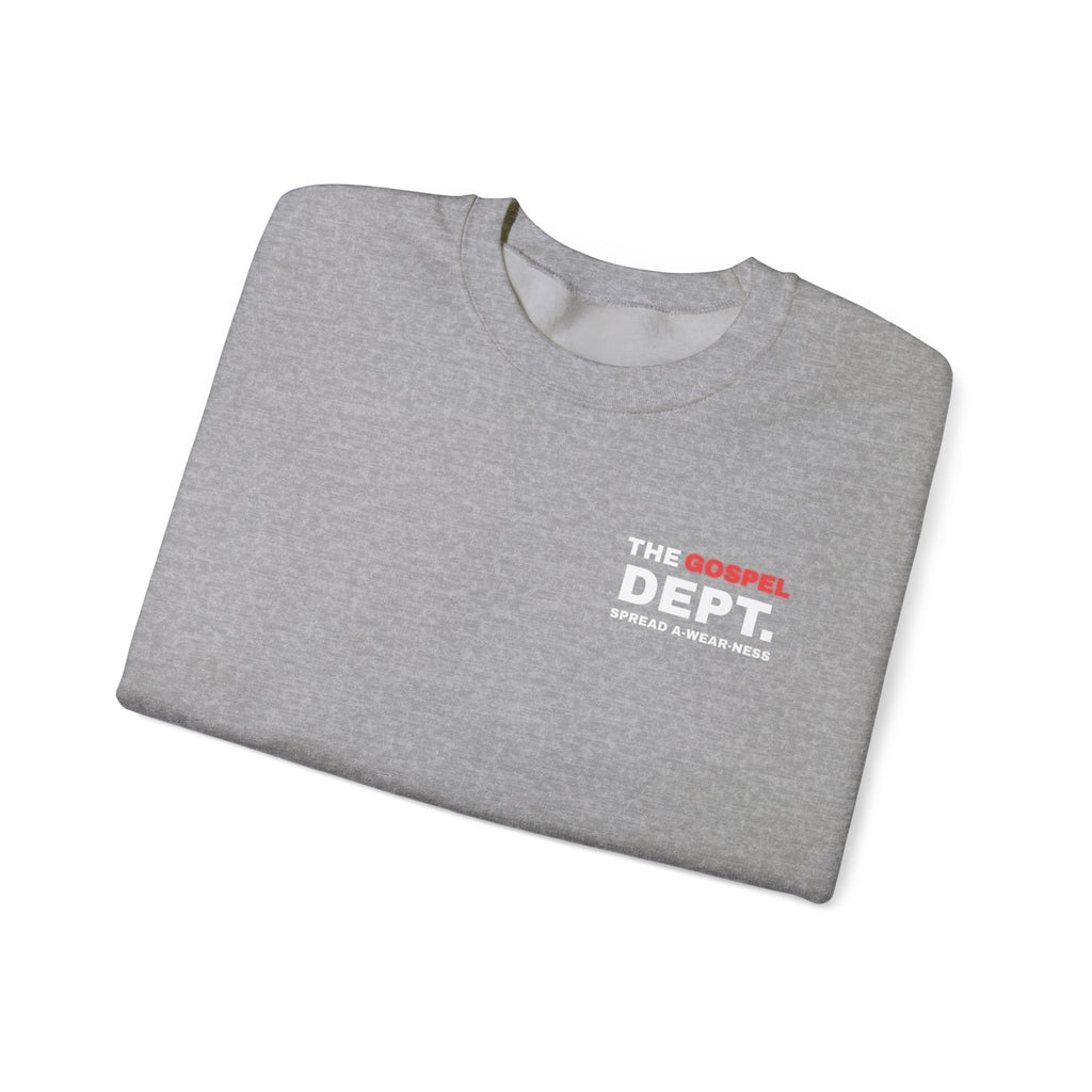 Heather gray crewneck sweater with small chest text logo (folded)