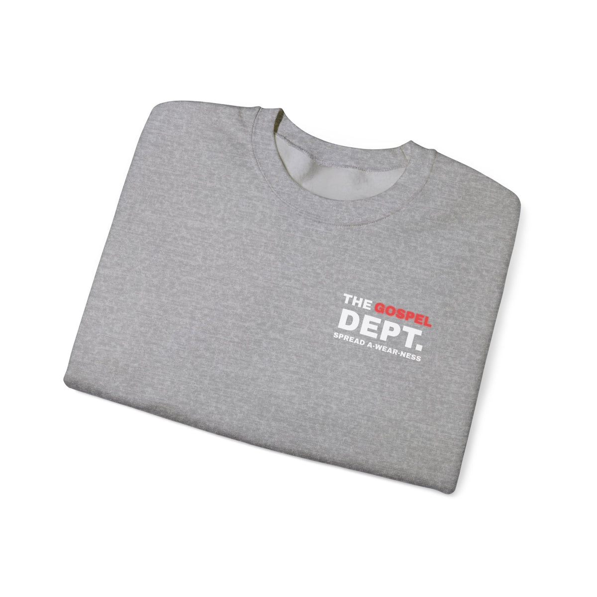 Heather gray crewneck sweater with small chest text logo (folded)